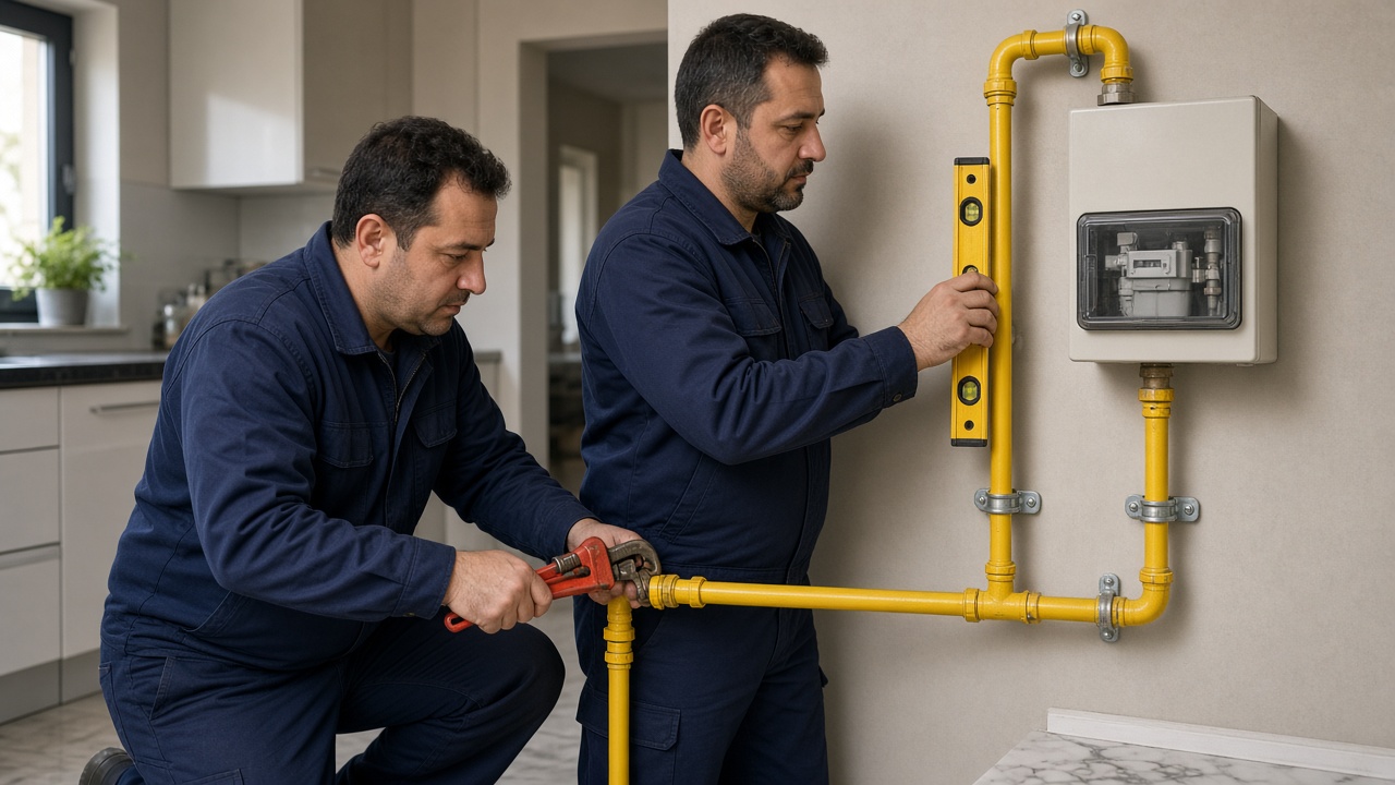 Mavi Alev Doğalgaz ustaları mutfakta gaz borusu döşerken